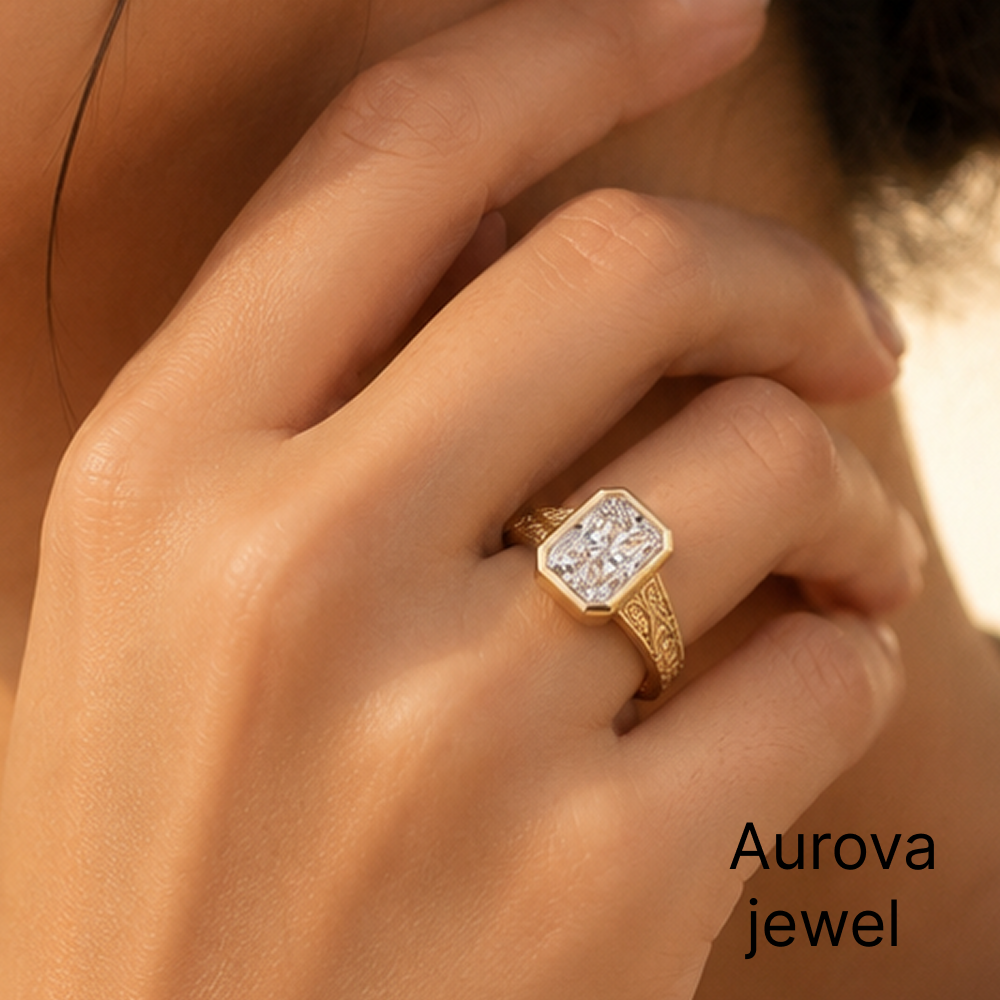 Cushion Cut Diamond Vintage Ring | Engraved Gold Ring | Aurova Jewel