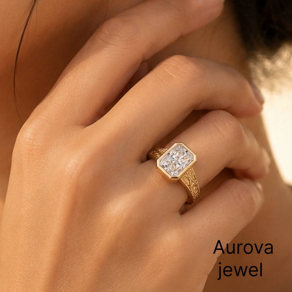 Cushion Cut Diamond Vintage Ring | Engraved Gold Ring | Aurova Jewel