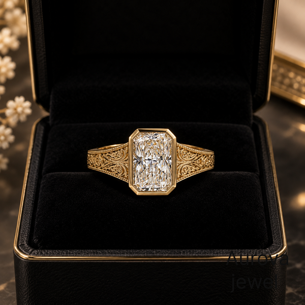 Cushion Cut Diamond Vintage Ring | Engraved Gold Ring | Aurova Jewel