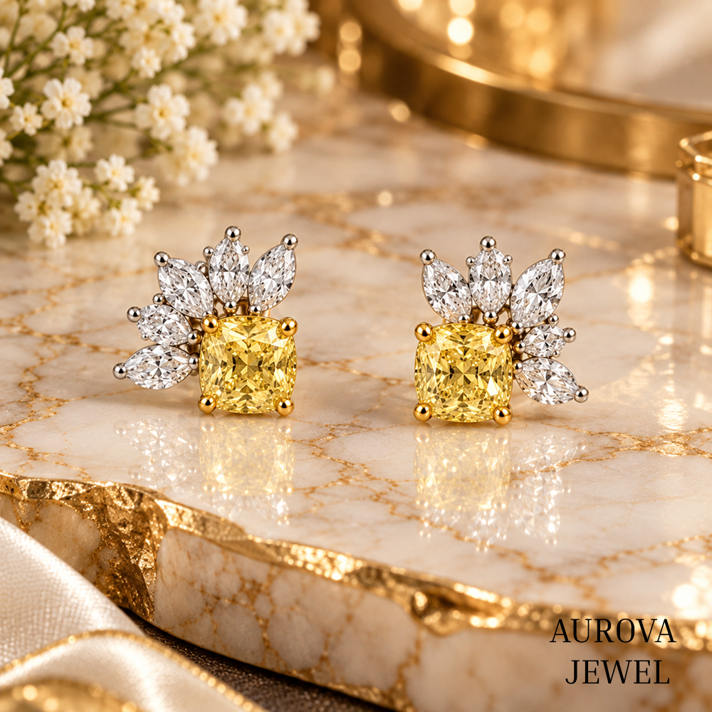 Yellow Cushion Diamond Stud Earrings, Marquise Cluster Floral Studs, 14K Gold Bridal Jewelry, Anniversary Gift for Her