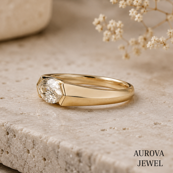 East West Marquise Diamond Ring, 14K Solid Gold Bezel Solitaire, Minimalist Engagement Jewelry, Anniversary Gift for Her