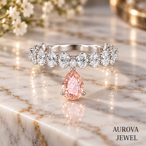 Pink Pear Diamond Ring, 14K Solid Gold Dangle Ring, Oval & Round Stones, Unique Bridal Jewelry, Anniversary Gift for Her