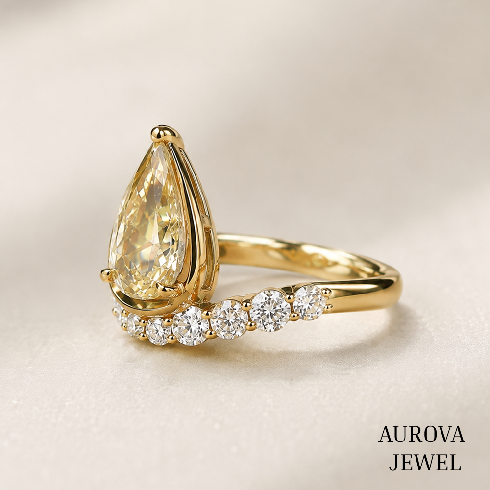 Pear Cut Yellow Diamond Ring, 14K Solid Gold Engagement Ring, Curved Diamond Wedding Band, Unique Bridal Ring, Anniversary Gift for Her