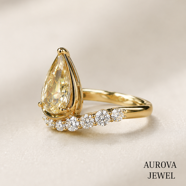 Pear Cut Yellow Diamond Ring, 14K Solid Gold Engagement Ring, Curved Diamond Wedding Band, Unique Bridal Ring, Anniversary Gift for Her