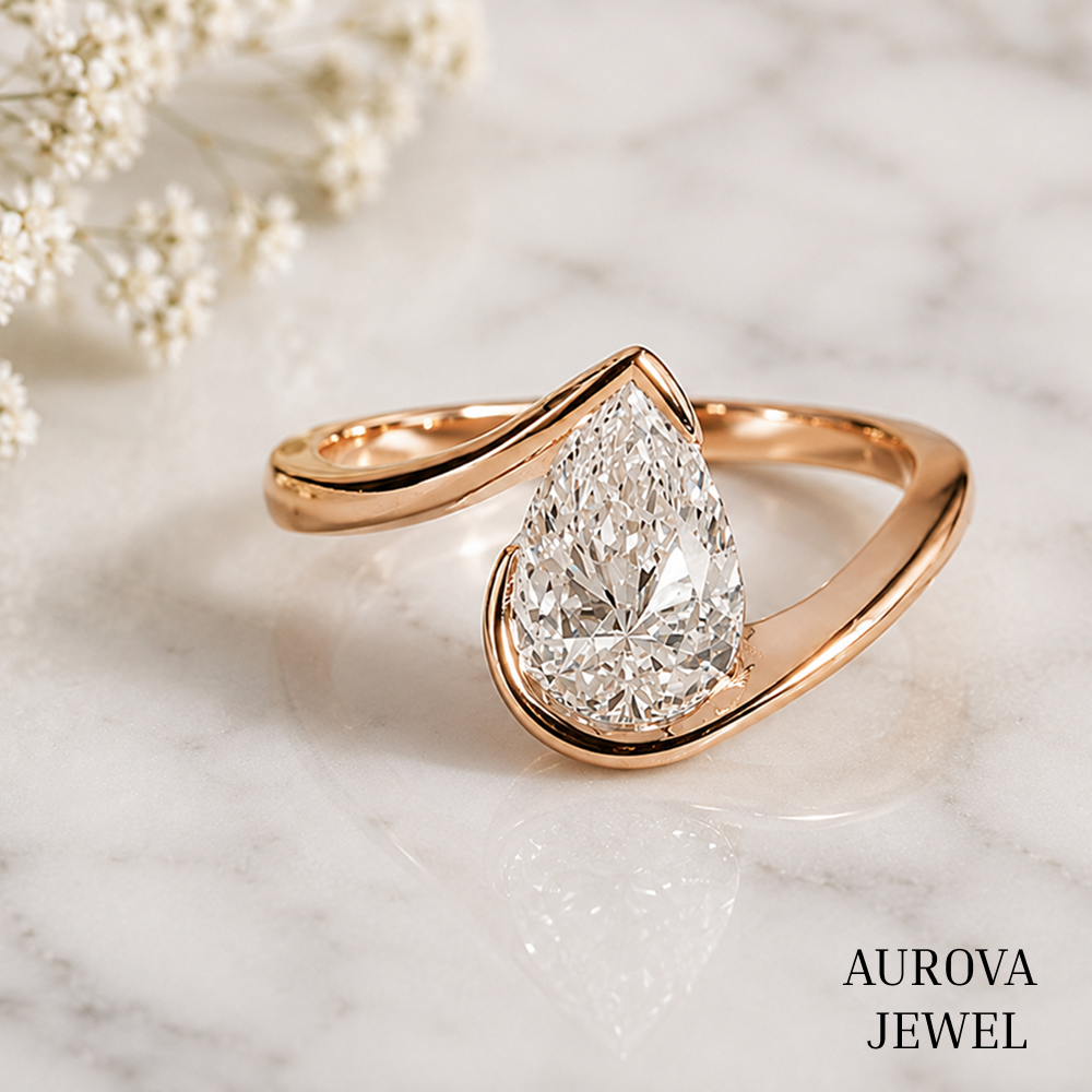 Pear Diamond Engagement Ring, 14K Solid Gold Bezel Solitaire, Modern Bypass Bridal Jewelry, Unique Anniversary Gift for Her