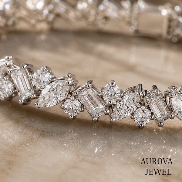 Mixed Cut Diamond Tennis Bracelet, 14K Solid Gold, Marquise Baguette & Round Stones, Bridal Jewelry, Anniversary Gift for Her