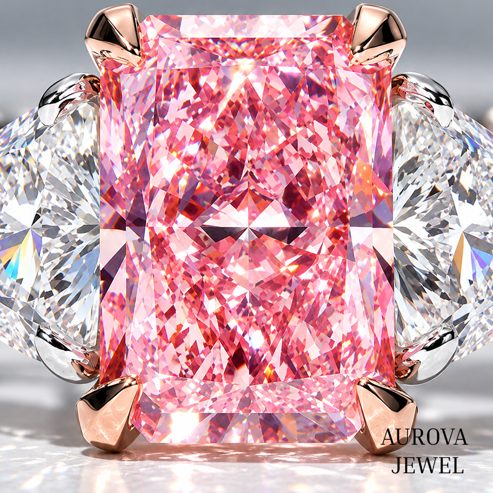 Pink Radiant Cut Engagement Ring, Three Stone Diamond Ring, Pear Side Stones, Unique Bridal Gift for Her