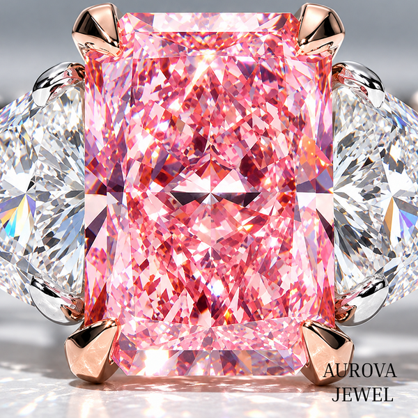 Pink Radiant Cut Engagement Ring, Three Stone Diamond Ring, Pear Side Stones, Unique Bridal Gift for Her
