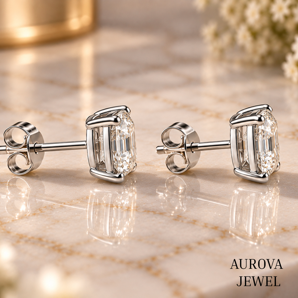 Asscher Cut Diamond Stud Earrings, 14K White Gold Solitaire Studs, Minimalist Bridal Jewelry, Gift for Her