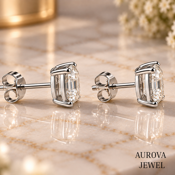 Asscher Cut Diamond Stud Earrings, 14K White Gold Solitaire Studs, Minimalist Bridal Jewelry, Gift for Her