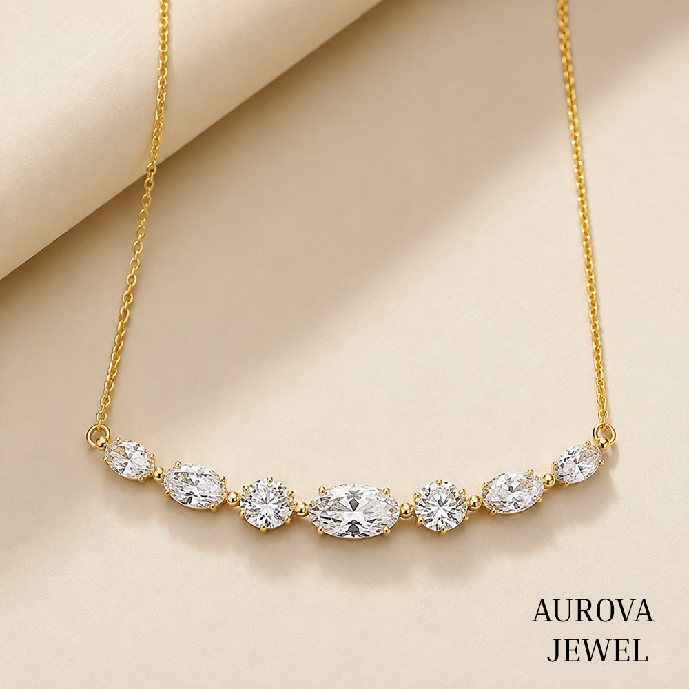 Oval Diamond Necklace, 14K Solid Gold Seven Stone Pendant, Graduated Bridal Jewelry, Minimalist Anniversary Gift for Her