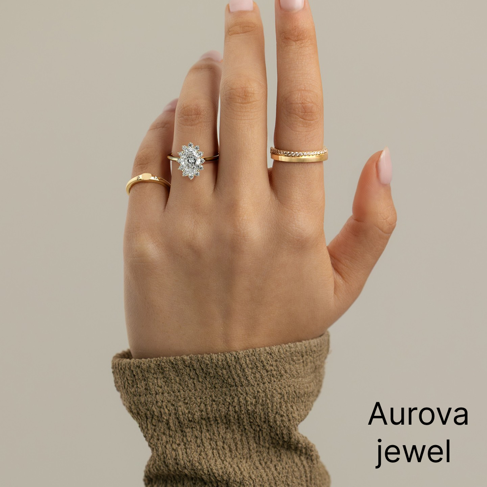 Oval Cut Halo Diamond Ring with Pavé Diamond Halo | Aurova Jewel Secondary image