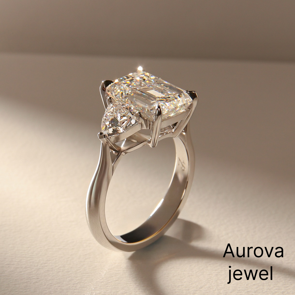 Emerald Cut Three Stone Diamond Ring with Trapezoid Side Stones | Aurova Jewel