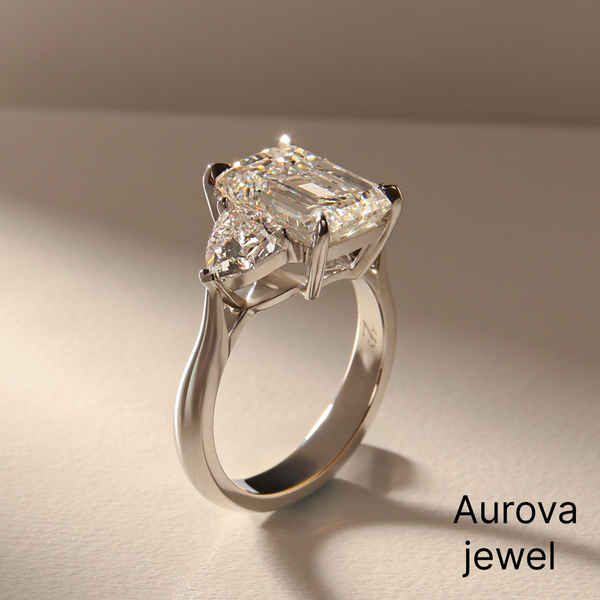 Emerald Cut Three Stone Diamond Ring with Trapezoid Side Stones | Aurova Jewel
