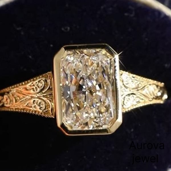 Cushion Cut Diamond Vintage Ring | Engraved Gold Ring | Aurova Jewel
