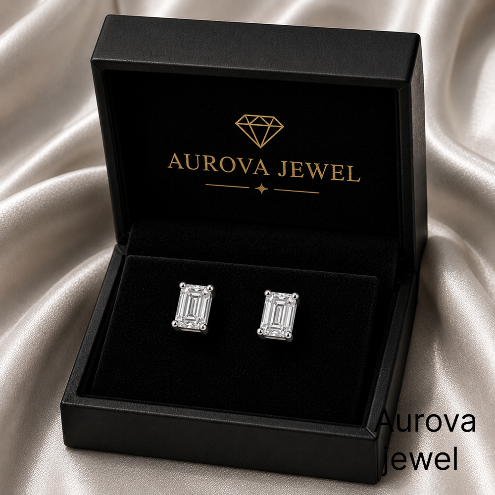 Emerald Cut Diamond Stud Earrings | Elegant Solitaire Diamond Earrings Main image