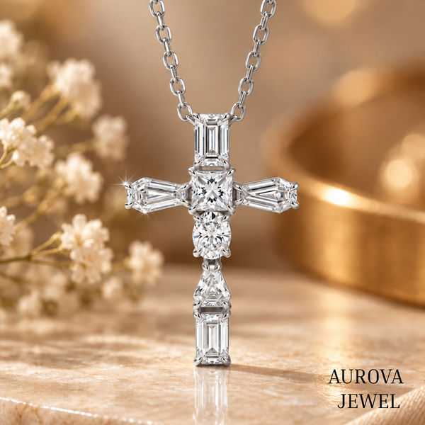 Cross Pendant Necklace, Mixed Cut White Gemstone Cross, Rose Gold Necklace, Christian Jewelry, Religious Gift for Her