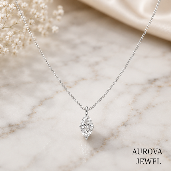 Marquise Diamond Necklace, 14K Solid Gold Solitaire Pendant, Minimalist Bridal Jewelry, Dainty Anniversary Gift for Her