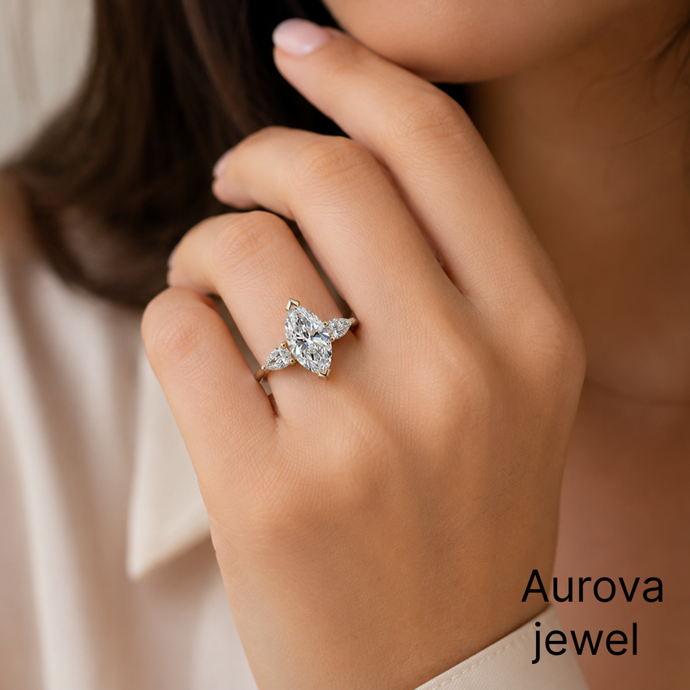 Marquise Cut 3-Stone Diamond Ring with Pear Side Stones | Aurova Jewel