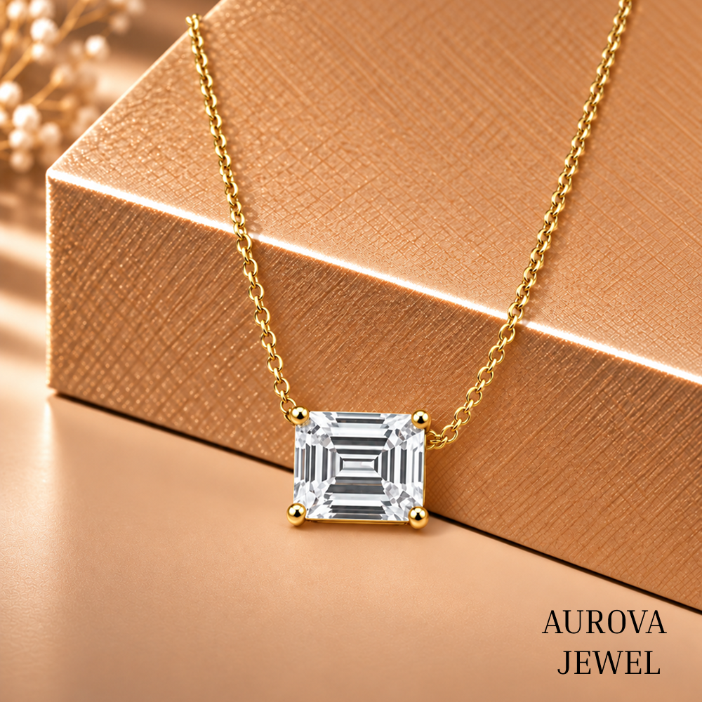 Asscher Cut Solitaire Necklace, Silver Square Pendant, Dainty White Gemstone Necklace, Minimalist Bridal Jewelry Gift for Her