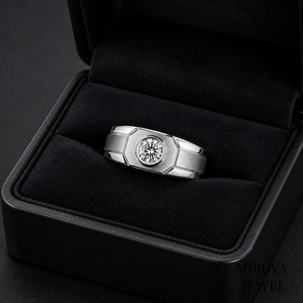 Men's Diamond Ring, Round Cut Bezel Diamond Ring, Solid Gold Wedding Band, Men's Engagement Ring, Anniversary Gift for Husband
