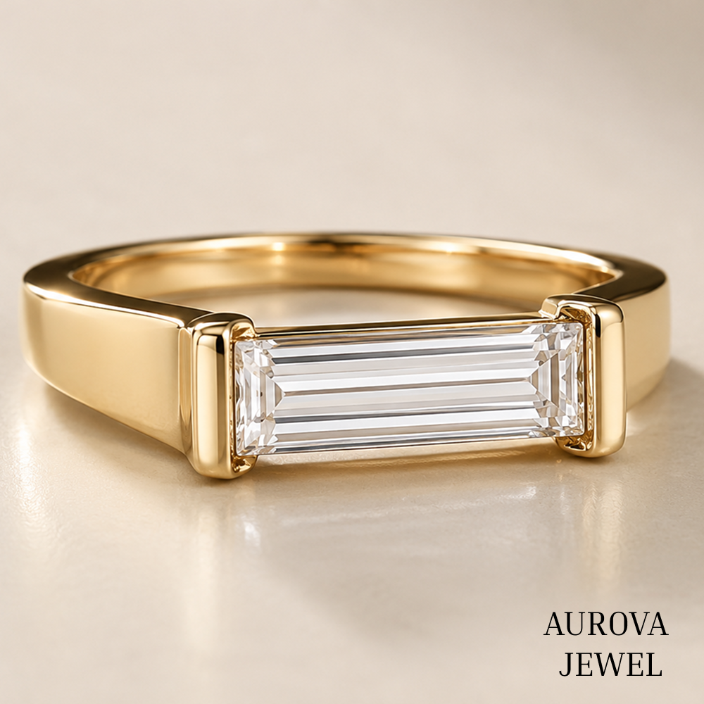 Baguette Cut Diamond Ring in Yellow Gold | Minimalist East-West Bezel Engagement Ring Secondary image