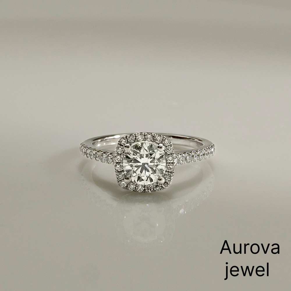 Round Cut Halo Diamond Engagement Ring with Pavé Band | Cushion Halo Bridal Ring