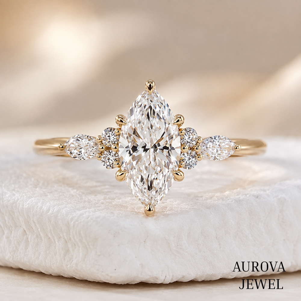 Marquise Diamond Engagement Ring, 14K Solid Gold Cluster Setting, Pear Side Stones, Unique Bridal Jewelry, Anniversary Gift for Her