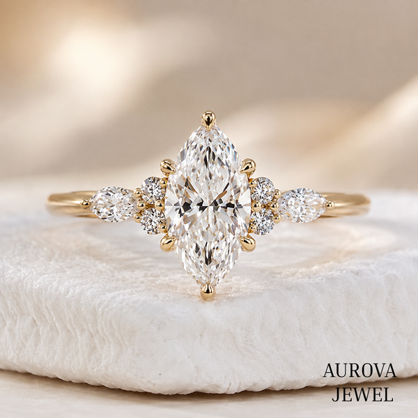 Marquise Diamond Engagement Ring, 14K Solid Gold Cluster Setting, Pear Side Stones, Unique Bridal Jewelry, Anniversary Gift for Her