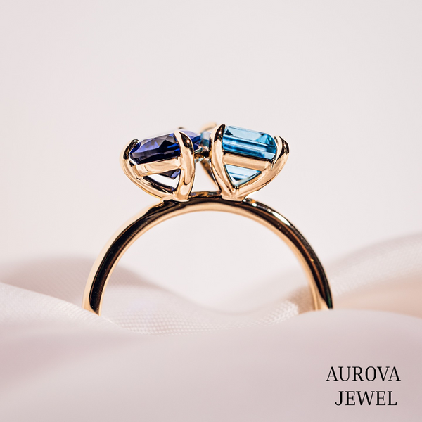 Toi et Moi Blue Sapphire & Aquamarine Ring in Gold – Pear and Emerald Cut Gemstone Statement Ring | Aurova Jewel