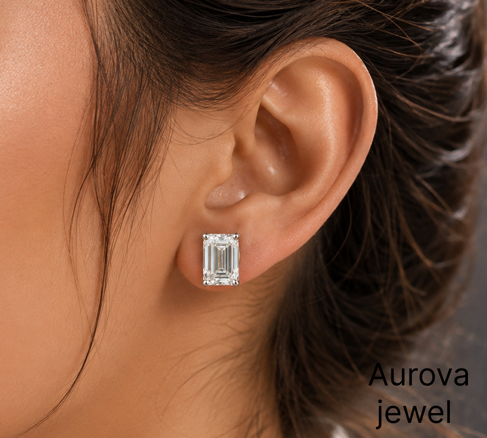 Emerald Cut Diamond Stud Earrings | Elegant Rectangle Diamond Earrings Secondary image