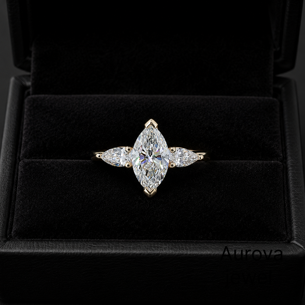 Marquise Cut 3-Stone Diamond Ring with Pear Side Stones | Aurova Jewel