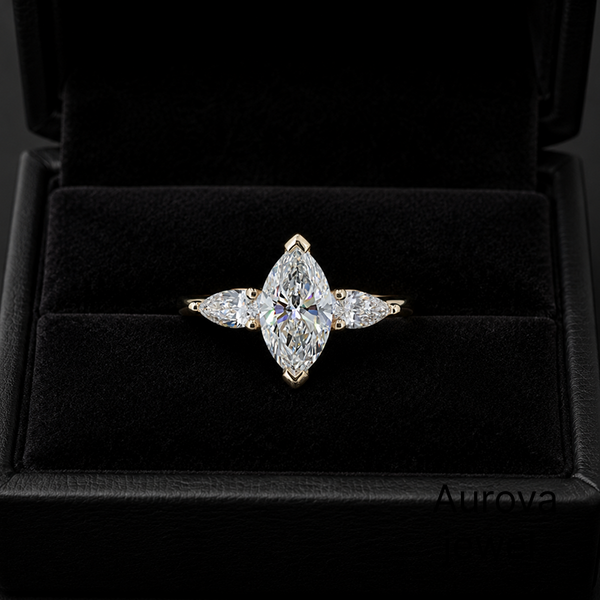 Marquise Cut 3-Stone Diamond Ring with Pear Side Stones | Aurova Jewel