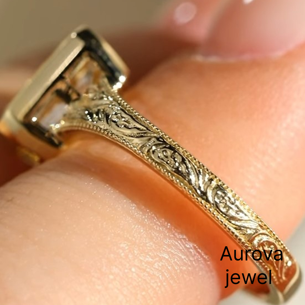 Cushion Cut Diamond Vintage Ring | Engraved Gold Ring | Aurova Jewel