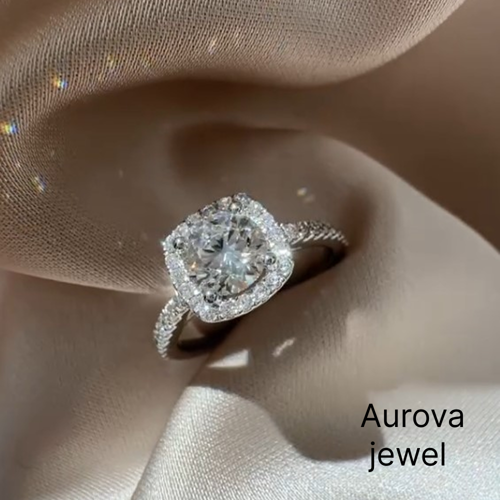 Round Cut Halo Diamond Engagement Ring with Pavé Band | Cushion Halo Bridal Ring