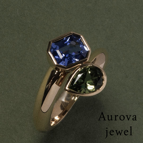 Luxury Blue Sapphire and Green Diamond Toi et Moi Statement Ring | 14K Yellow Gold Main image