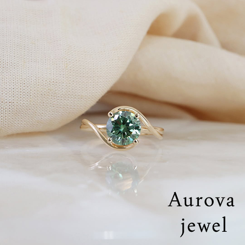 Luxury Round Cut Green Diamond Solitaire Engagement Ring in 14K Yellow Gold – Elegant Twisted Band Promise Ring for Women Main image