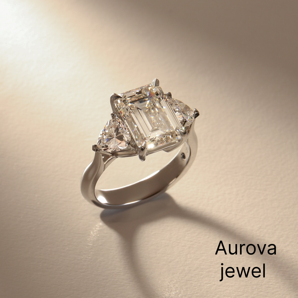 Emerald Cut Three Stone Diamond Ring with Trapezoid Side Stones | Aurova Jewel