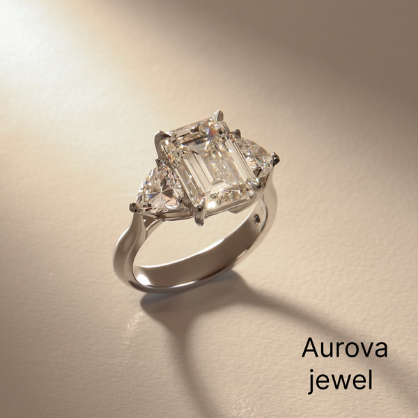 Emerald Cut Three Stone Diamond Ring with Trapezoid Side Stones | Aurova Jewel