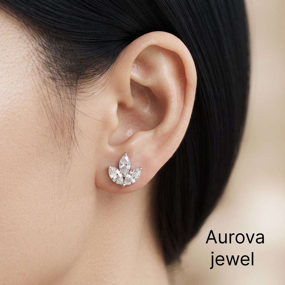 Marquise Cut Diamond Floral Stud Earrings | Elegant Diamond Flower Earrings Secondary image