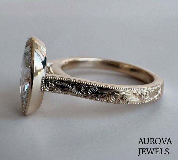 Oval Cut Halo Diamond Engagement Ring | Vintage Bezel Set Solitaire Ring