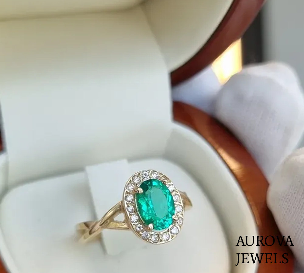 Oval Emerald Halo Engagement Ring | Diamond Halo Gold Ring