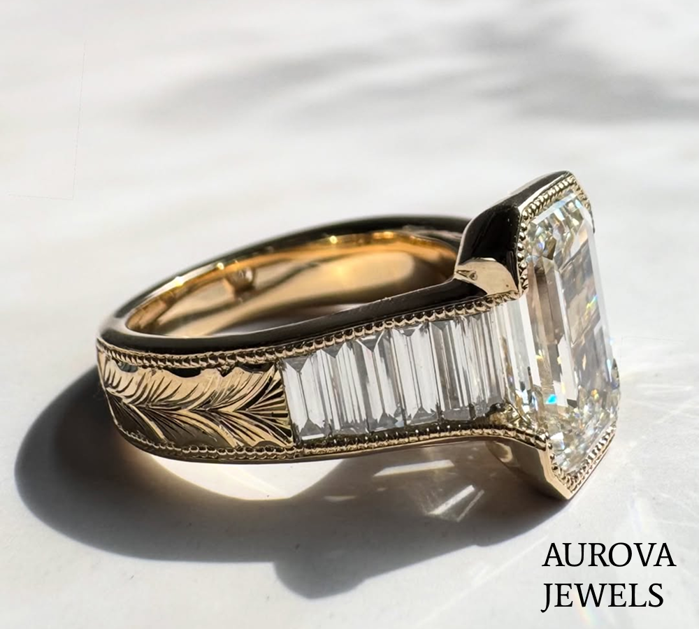 Emerald Cut Diamond Three Stone Ring | Vintage Baguette Engagement Ring Secondary image