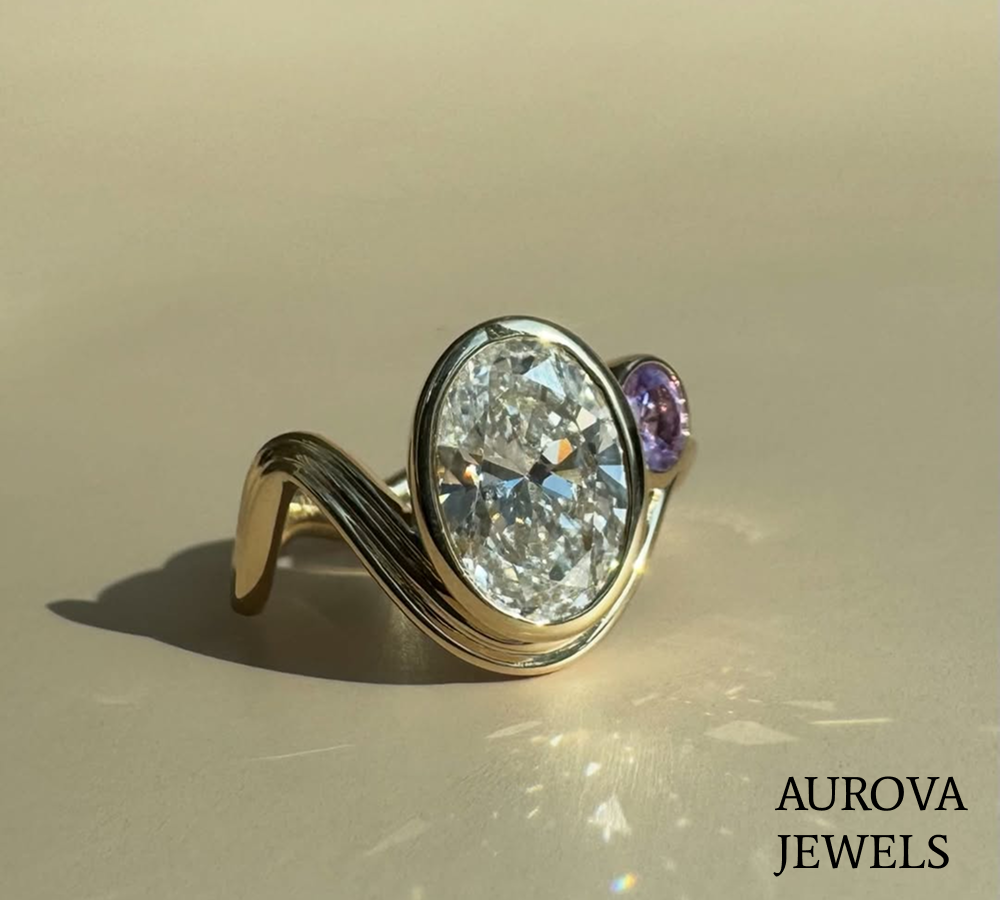 Oval Cut Bezel Set Diamond Open Ring | Modern Gold Ring Main image