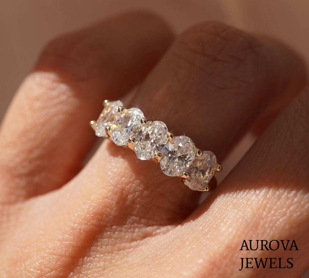 Five Stone Oval Diamond Wedding Band | Gold Anniversary Ring Secondary image