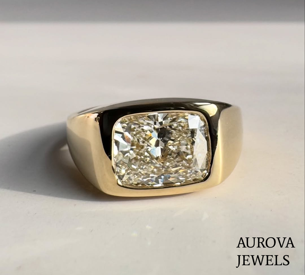 Cushion Cut Bezel Set Diamond Signet Ring | Gold Statement Ring Secondary image
