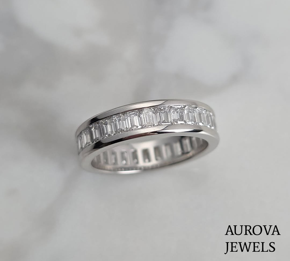 Emerald Cut Channel Set Diamond Eternity Band | Platinum Wedding Ring