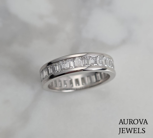 Emerald Cut Channel Set Diamond Eternity Band | Platinum Wedding Ring