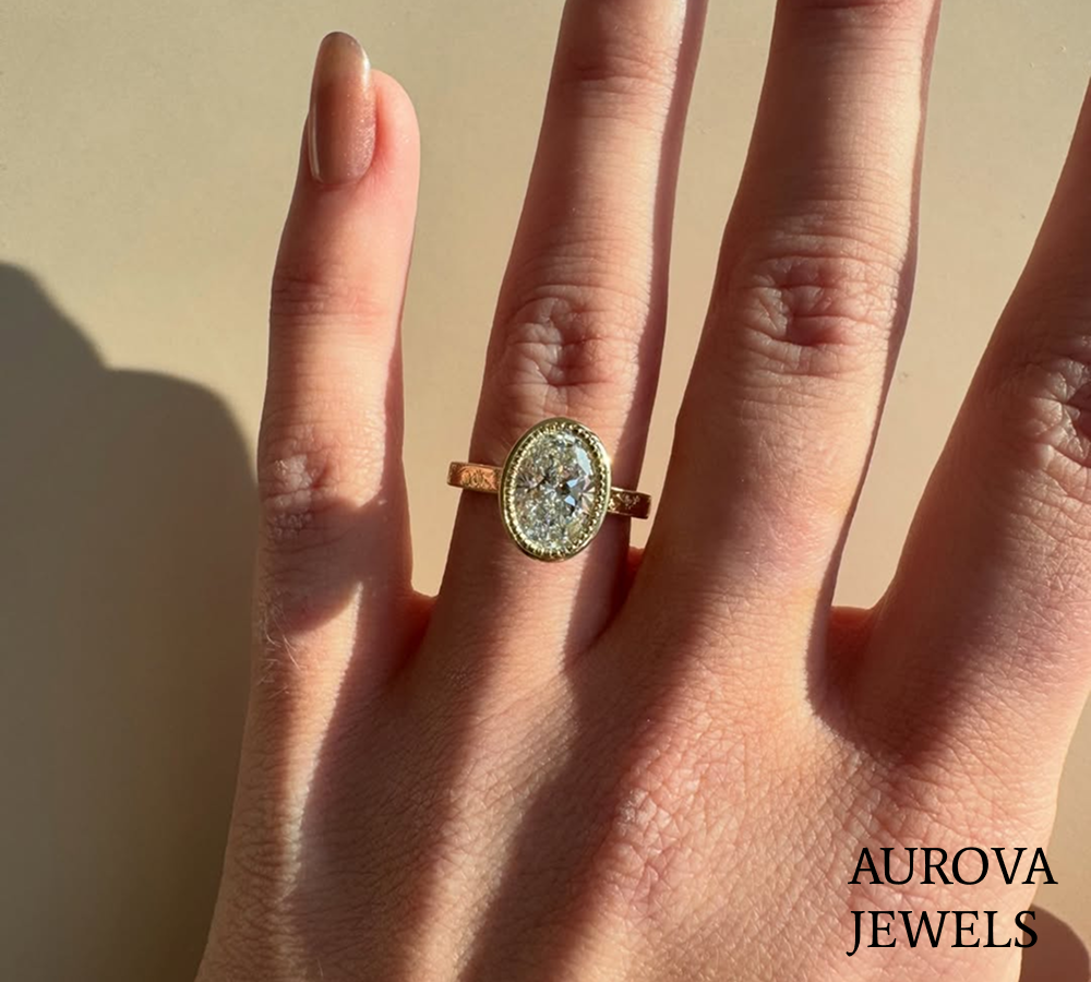 Oval Cut Halo Diamond Engagement Ring | Vintage Bezel Set Solitaire Ring