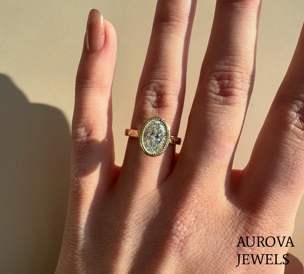 Oval Cut Halo Diamond Engagement Ring | Vintage Bezel Set Solitaire Ring